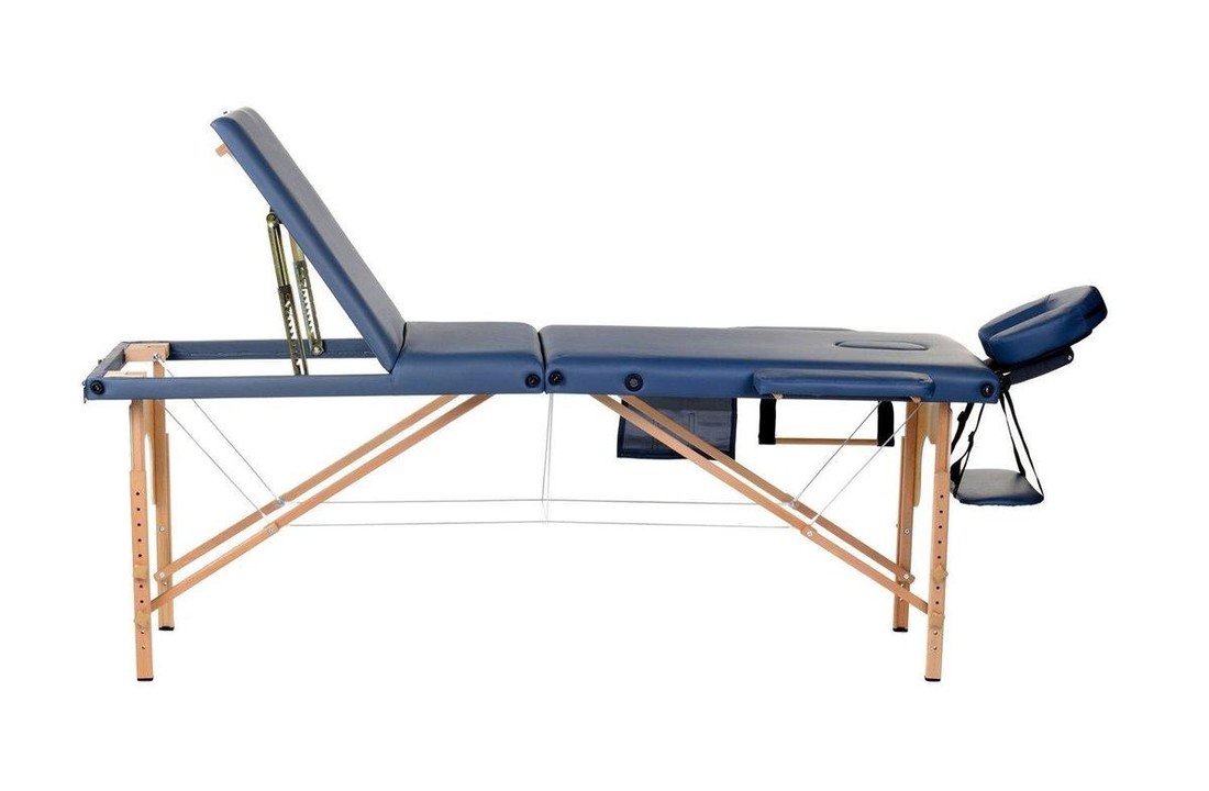 Houten massagetafel - 3 segmenten - verstelbaar - blauw ECO-leer - 213 cm lang
