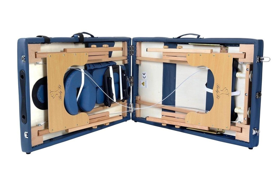 Houten massagetafel - 3 segmenten - verstelbaar - blauw ECO-leer - 213 cm lang