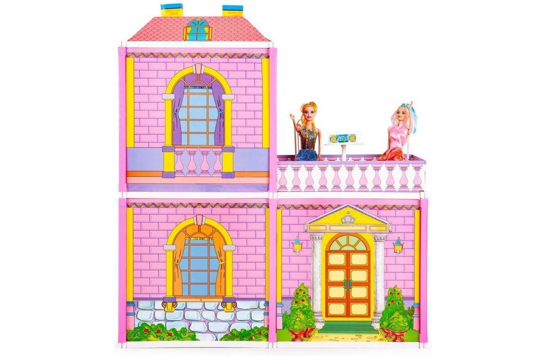 Groot poppenhuis met meubels & 2 poppen - 71x80x24 cm - roze