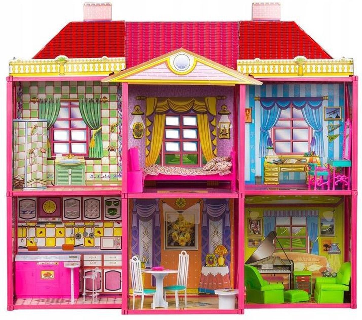 Groot poppenhuis met 6 kamers & meubels - 106x95x38 cm - roze