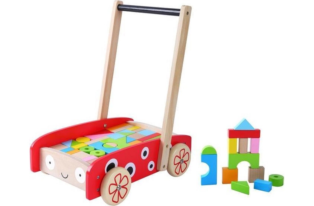 Houten loopwagen met 40 speelblokken - rood