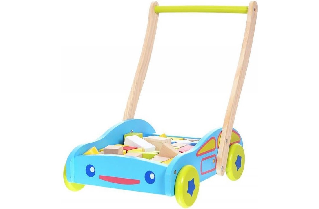 Houten loopwagen met 40 speelblokken - blauw