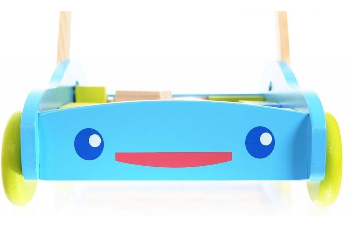 Houten loopwagen met 40 speelblokken - blauw