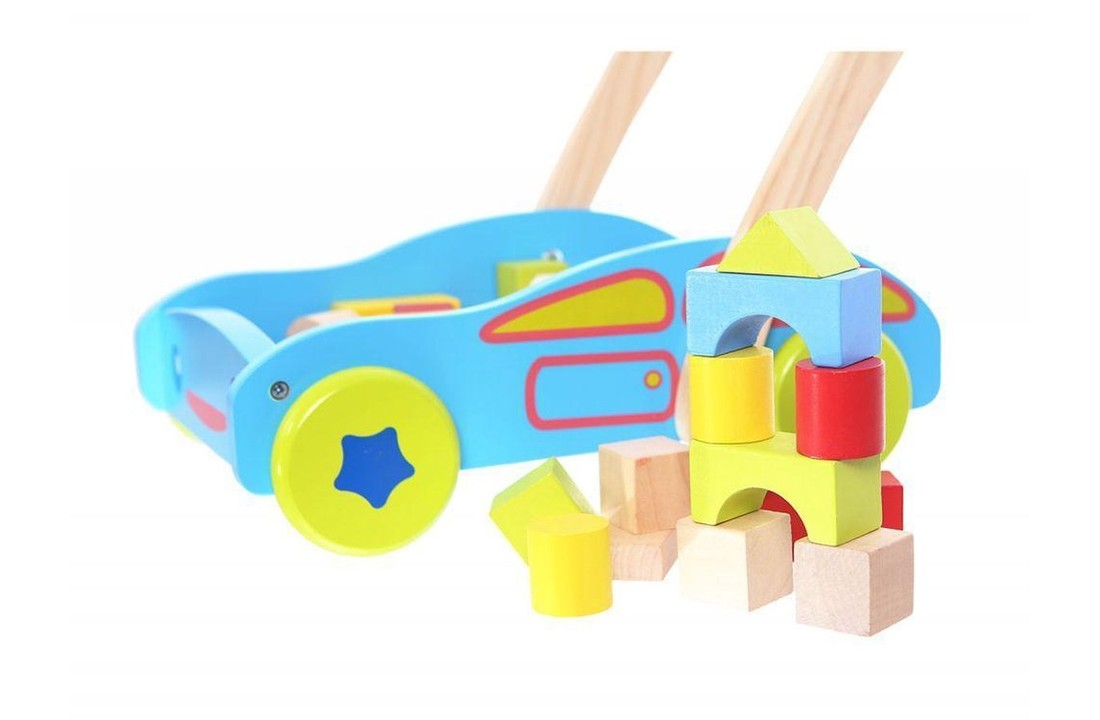 Houten loopwagen met 40 speelblokken - blauw