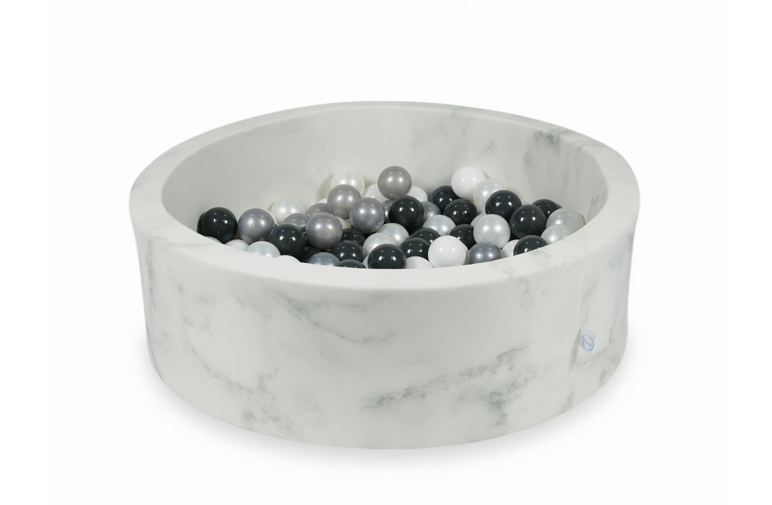 Ballenbak marmer met 200 wit parelmoer zilver en grafiete ballen - 90 x 30 cm - rond