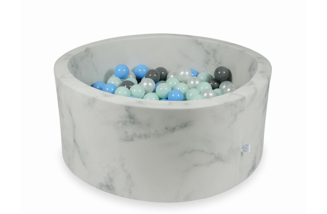 Ballenbak marmer met 300 mintgroen lichtblauw grijs en paroelmoeren ballen - 90 x 40 cm - rond