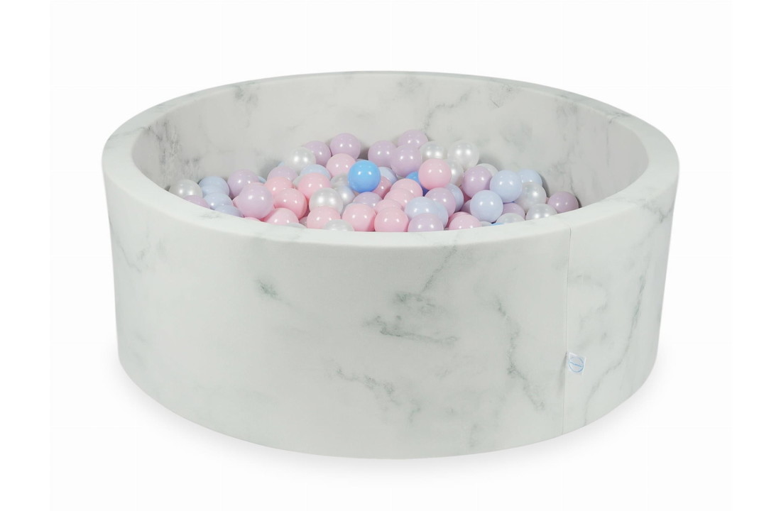 Ballenbak marmer met 500 lichtroze, roze parelmoer, lichtblauwe ballen - 115 x 40 cm - rond