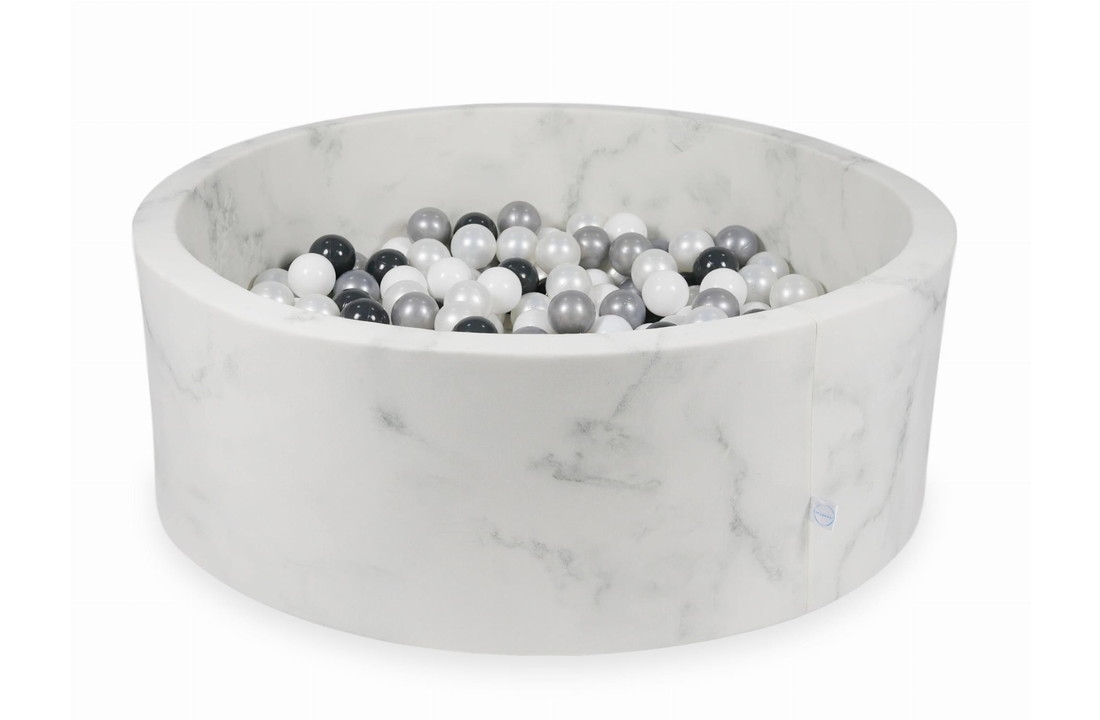 Ballenbak marmer met 500 parelmoer, wit, zilveren ballen - 115 x 40 cm - rond
