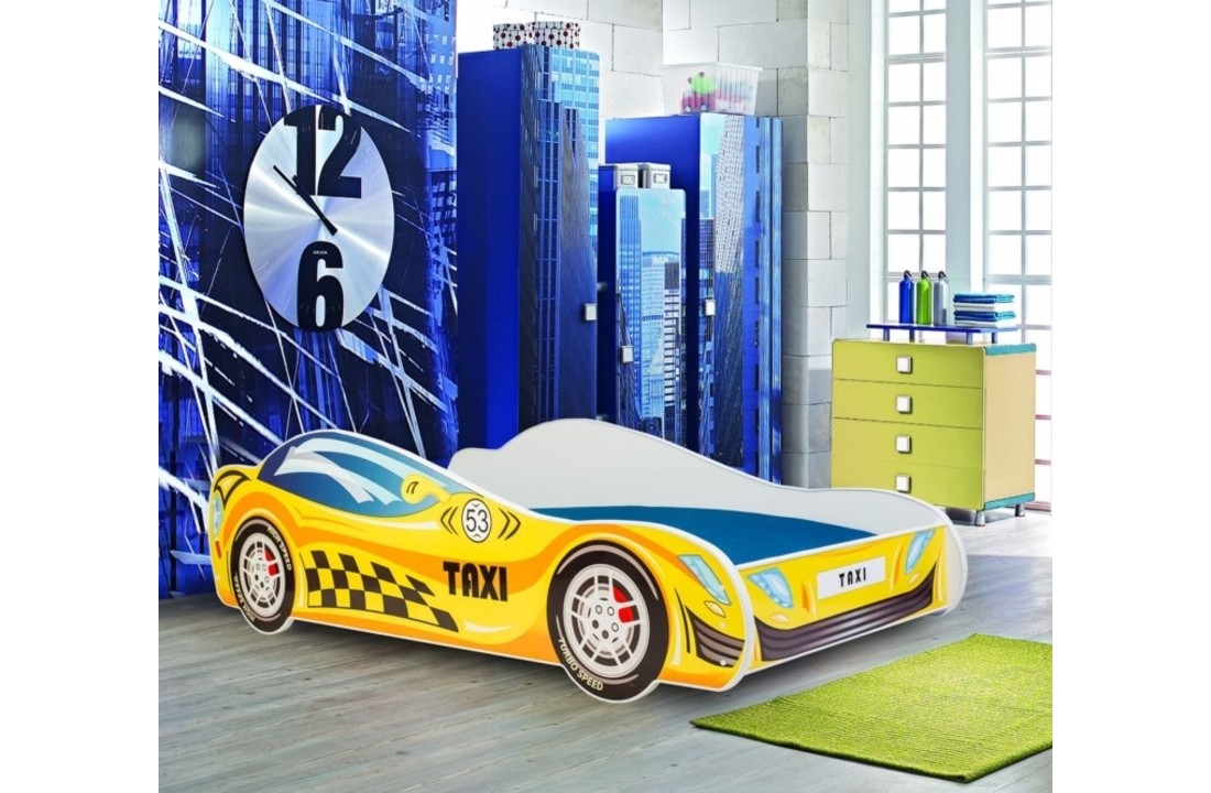 Autobed - Kinderbed - 140x70cm - met matras - geel - met led verlichting