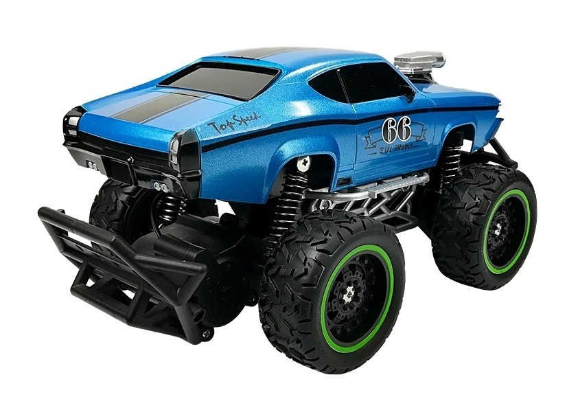 RC auto off-road blauw met verhoogde vering 2,4 GHz zender