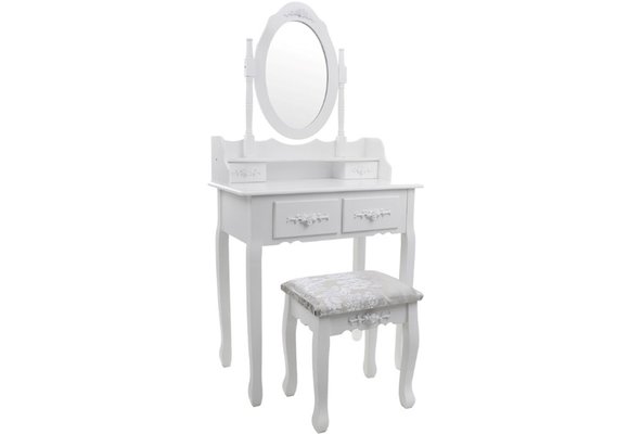 Kaptafel wit - met spiegel en krukje - hout - 75x40x147 cm