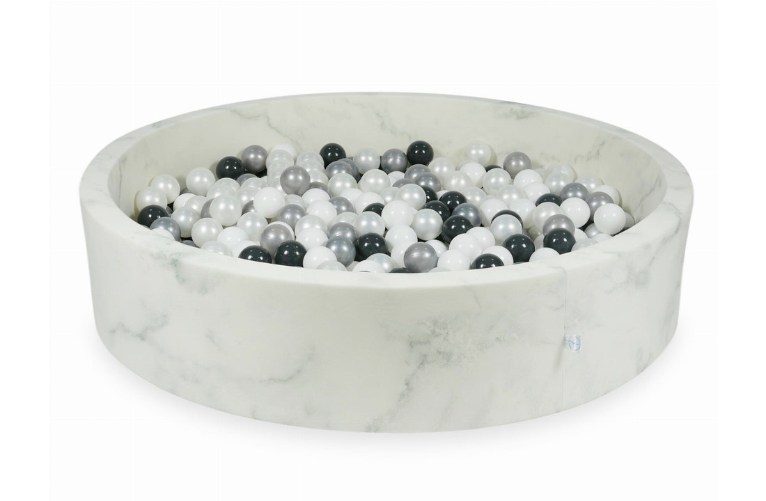 Ballenbak marmer met 600 parelmoer, witte, zilveren en zwarte ballen - 130 x 30 cm - rond