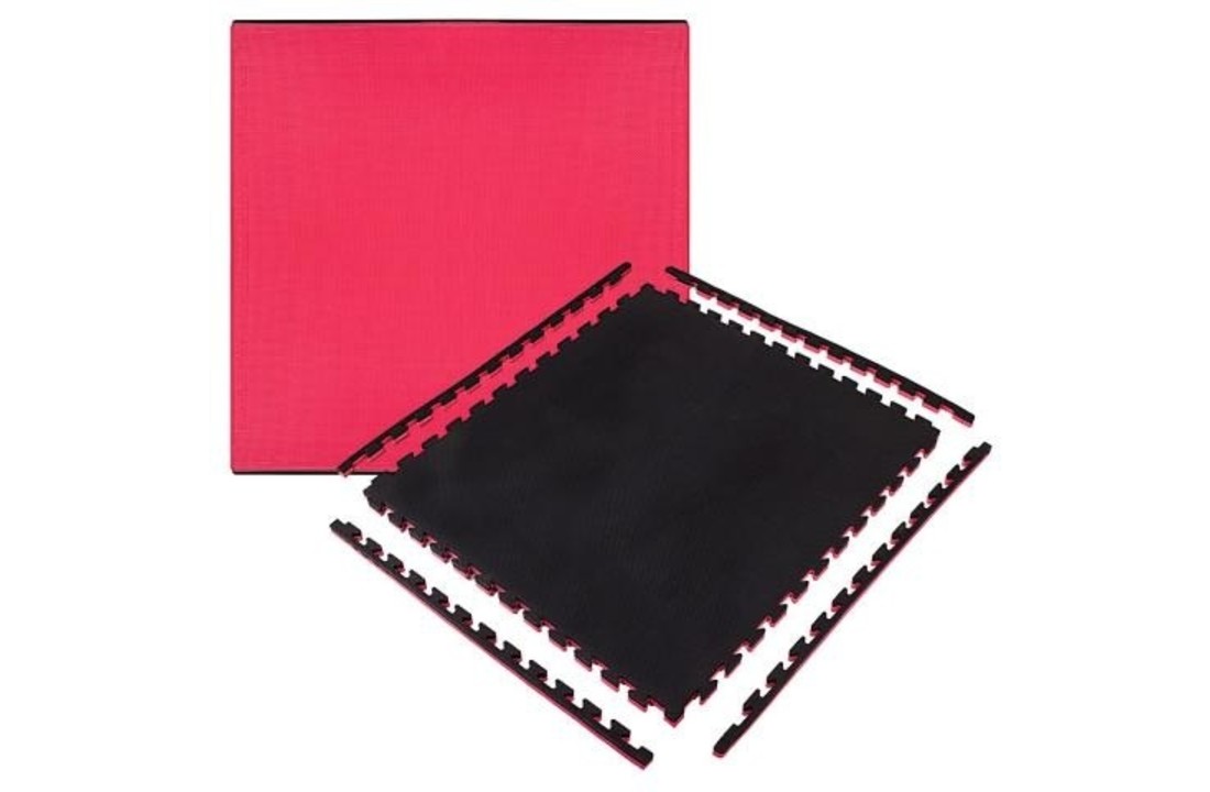 Fitness vloermat 100x100x2 cm rood & zwart - voor apparatuur – puzzel verbinding