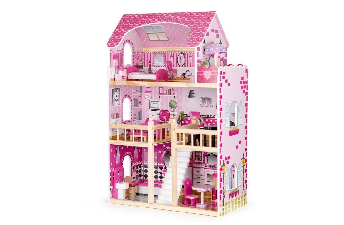 Houten poppenhuis roze met 3 verdiepingen 59x30x90 cm