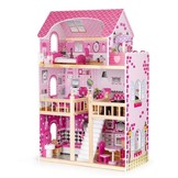 Houten poppenhuis roze met 3 verdiepingen 59x30x90 cm