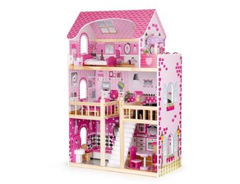 Houten poppenhuis roze met 3 verdiepingen 59x30x90 cm