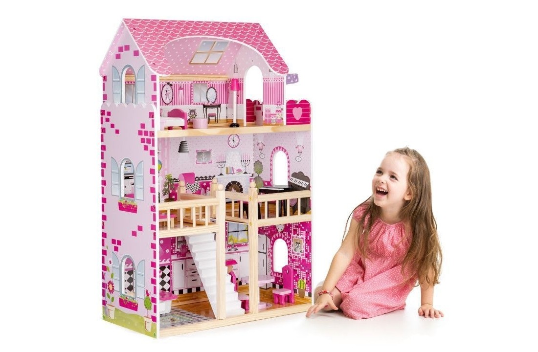 Houten poppenhuis roze met 3 verdiepingen 59x30x90 cm
