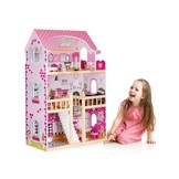 Houten poppenhuis roze met 3 verdiepingen 59x30x90 cm