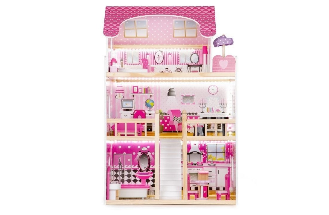 Houten poppenhuis roze met 3 verdiepingen 59x30x90 cm