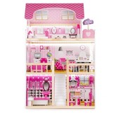 Houten poppenhuis roze met 3 verdiepingen 59x30x90 cm