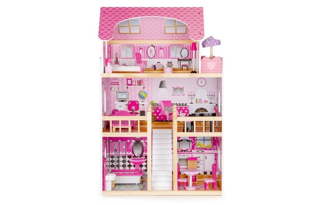 Houten poppenhuis roze met 3 verdiepingen 59x30x90 cm