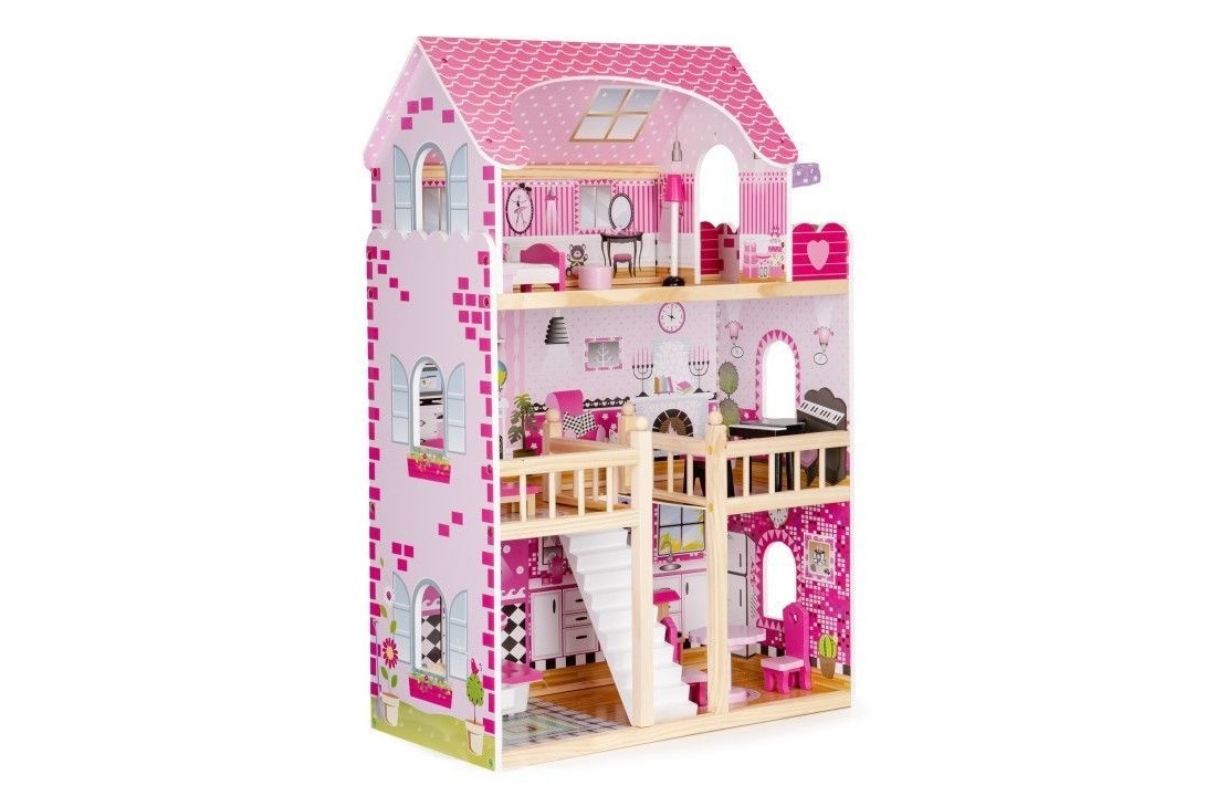 Houten poppenhuis roze met 3 verdiepingen 59x30x90 cm
