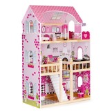 Houten poppenhuis roze met 3 verdiepingen 59x30x90 cm