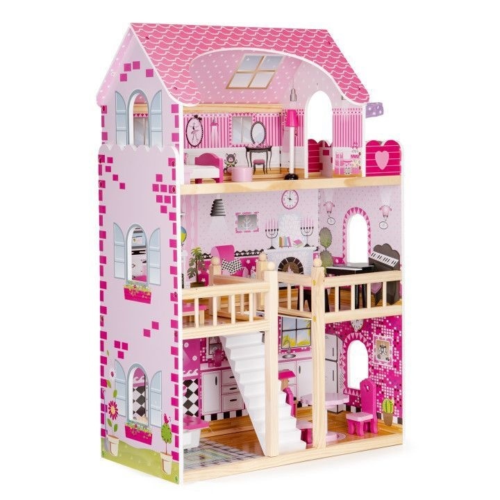 Houten poppenhuis roze met 3 verdiepingen 59x30x90 cm