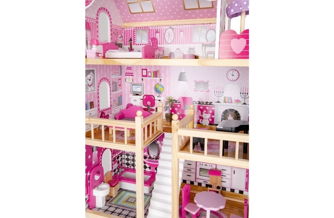 Houten poppenhuis roze met 3 verdiepingen 59x30x90 cm