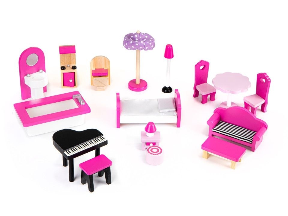 Houten poppenhuis roze met 3 verdiepingen 59x30x90 cm