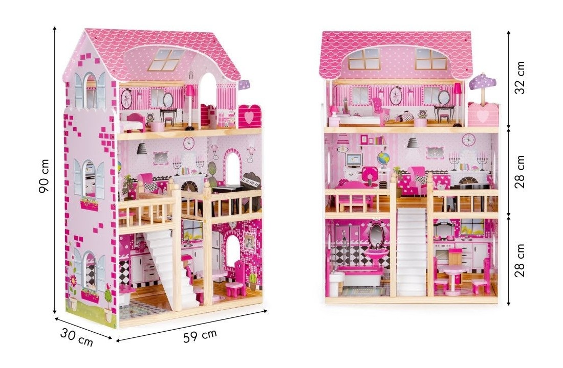 Houten poppenhuis roze met 3 verdiepingen 59x30x90 cm