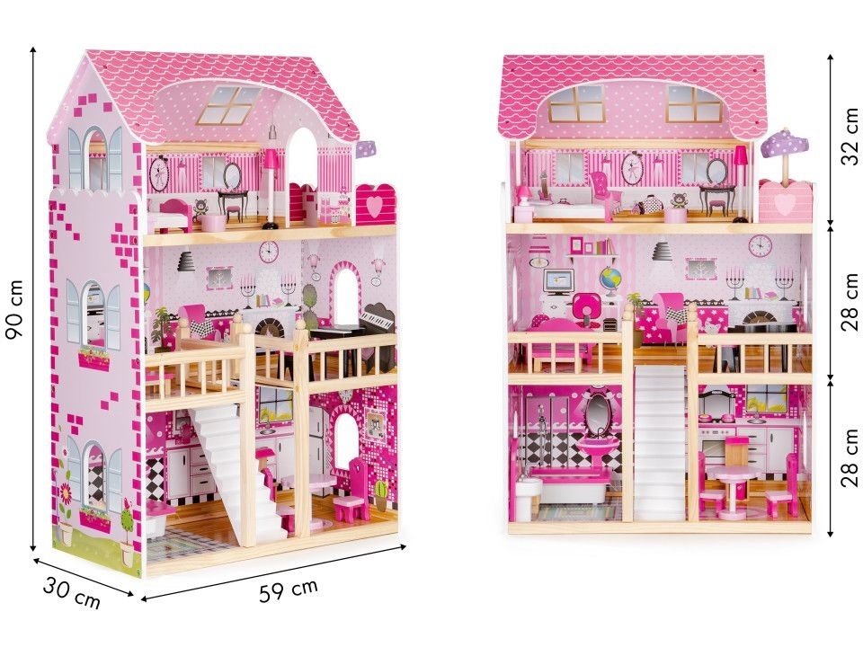 Houten poppenhuis roze met 3 verdiepingen 59x30x90 cm