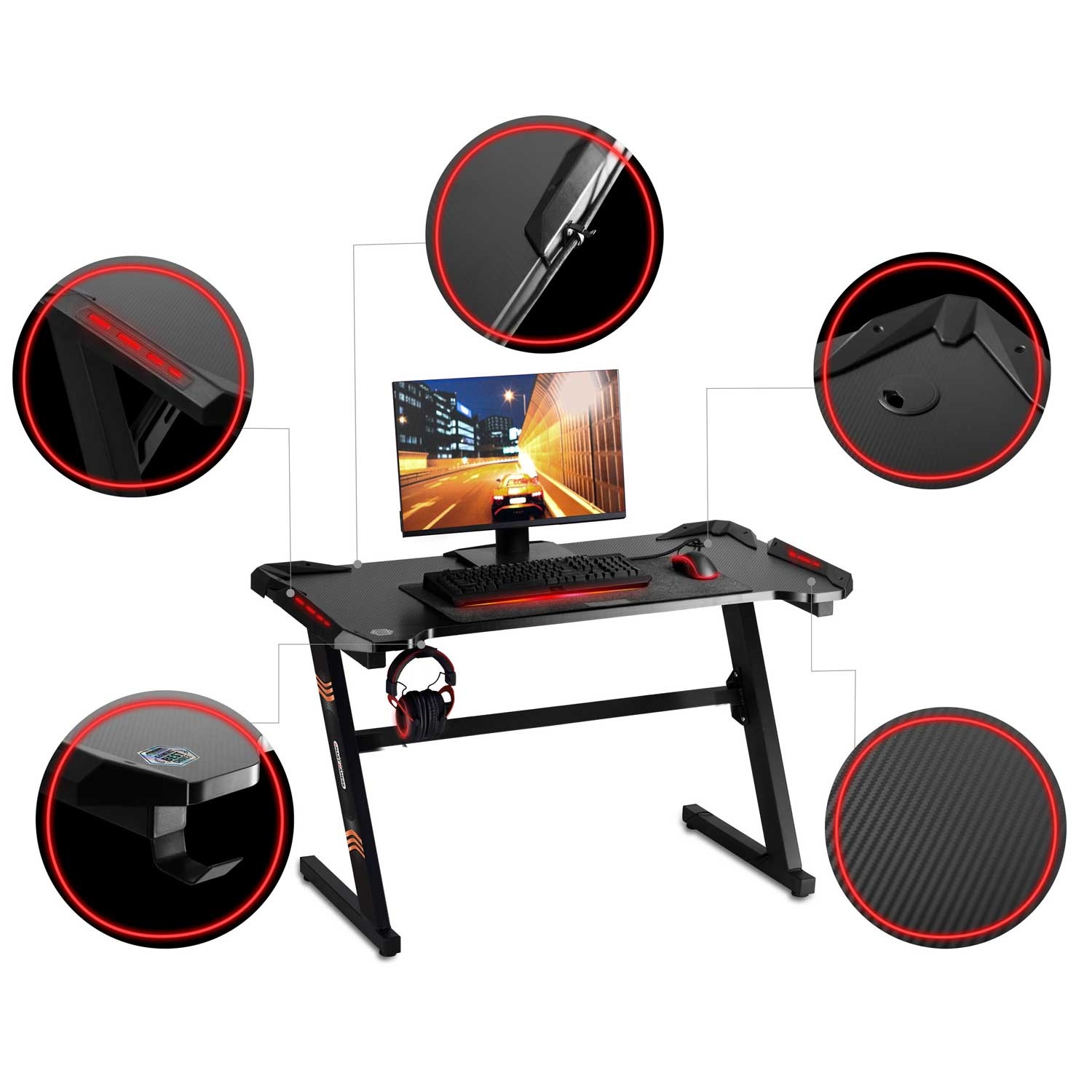 Gaming bureau 120x60x75 cm zwart met LED verlichting