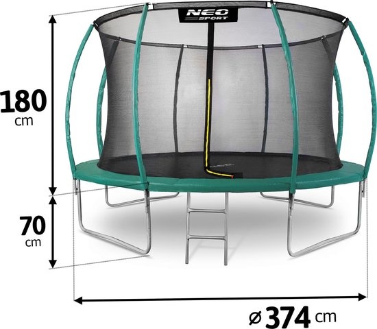 Trampoline 374 cm groen - met gebogen net & ladder - max 150 kg