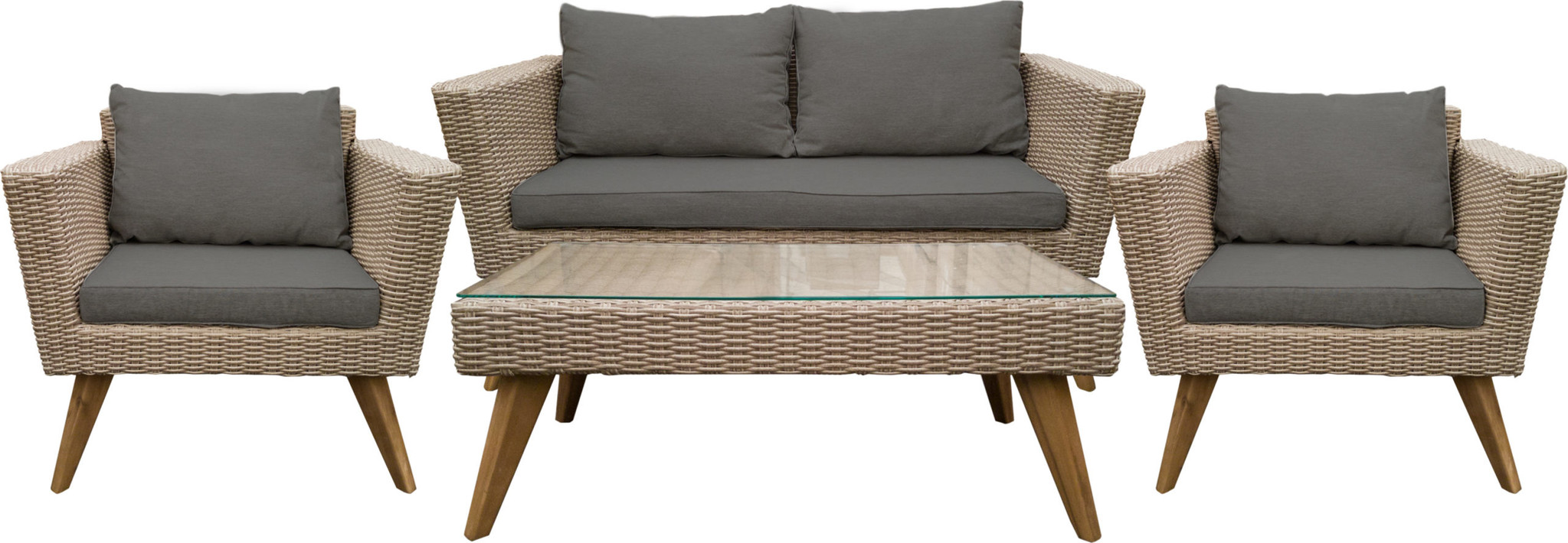 Tuinset Rotan lichtbruin - tafel, bank, 2 stoelen en kussens