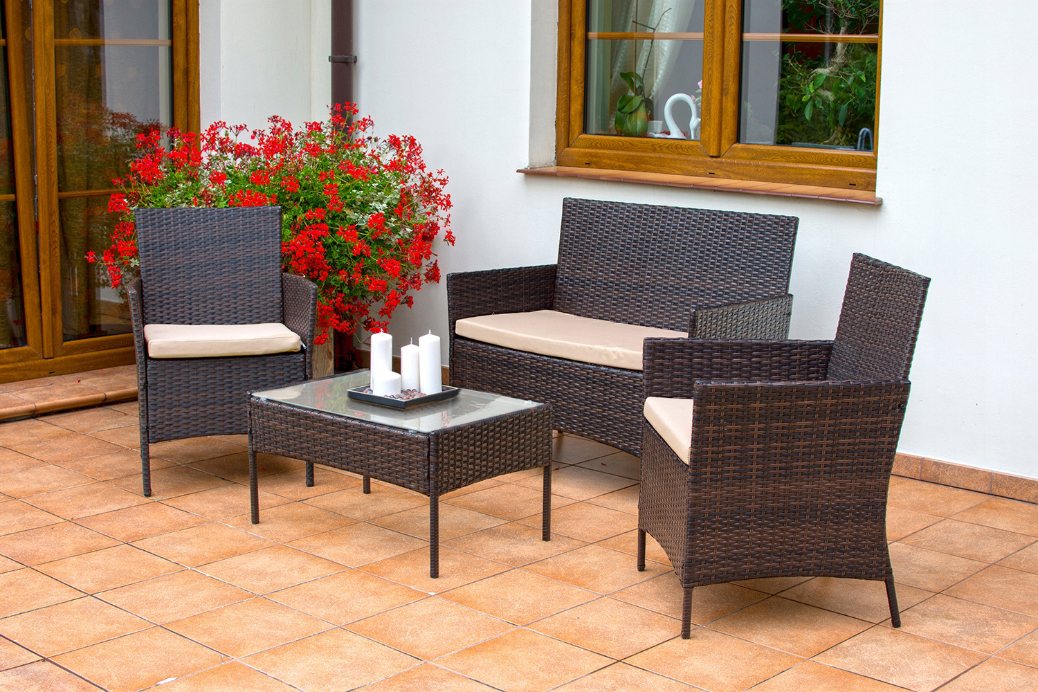 Tuinset bruin met crème - 2 stoelen, 1 bank en tafel