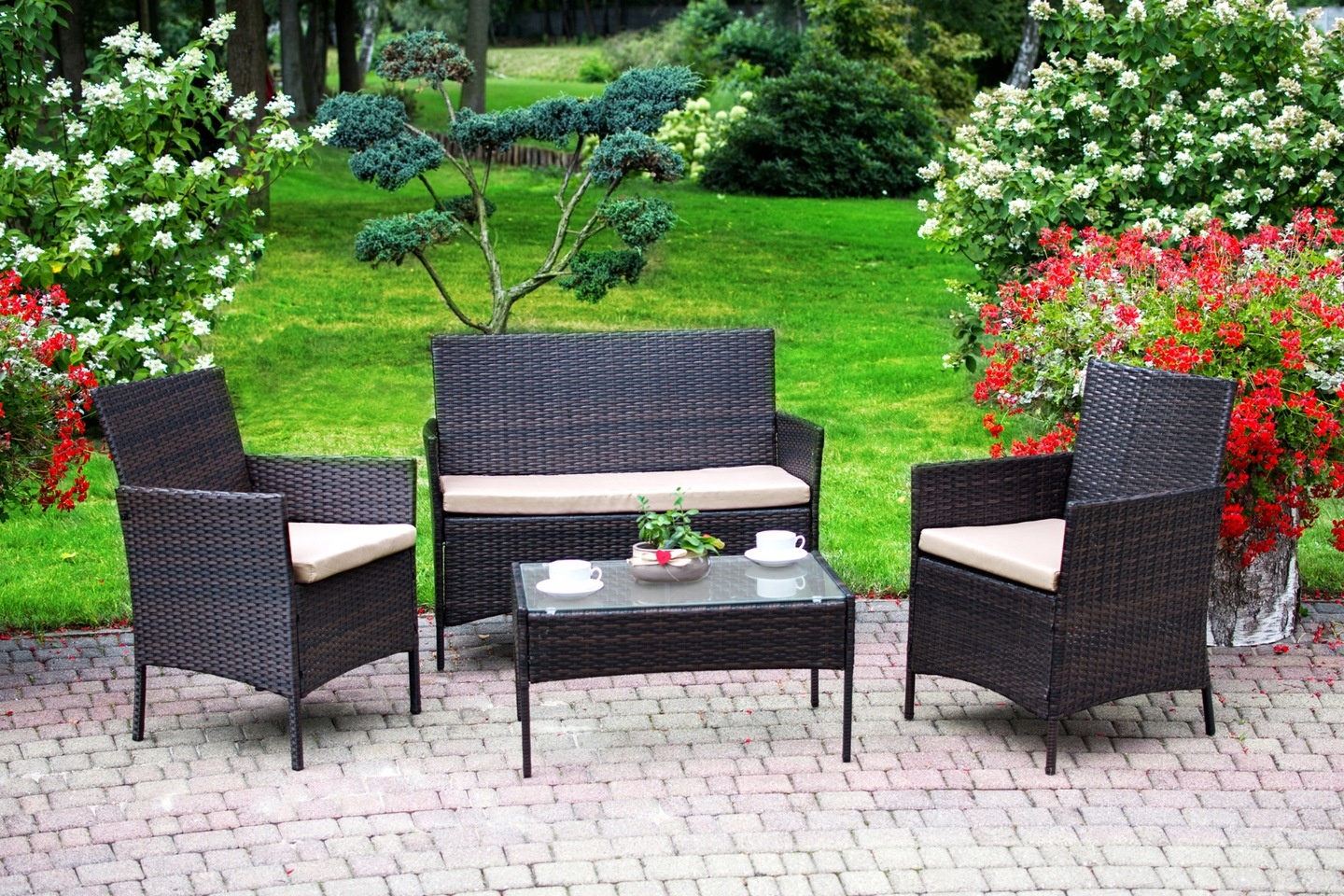 Tuinset bruin met crème - 2 stoelen, 1 bank en tafel