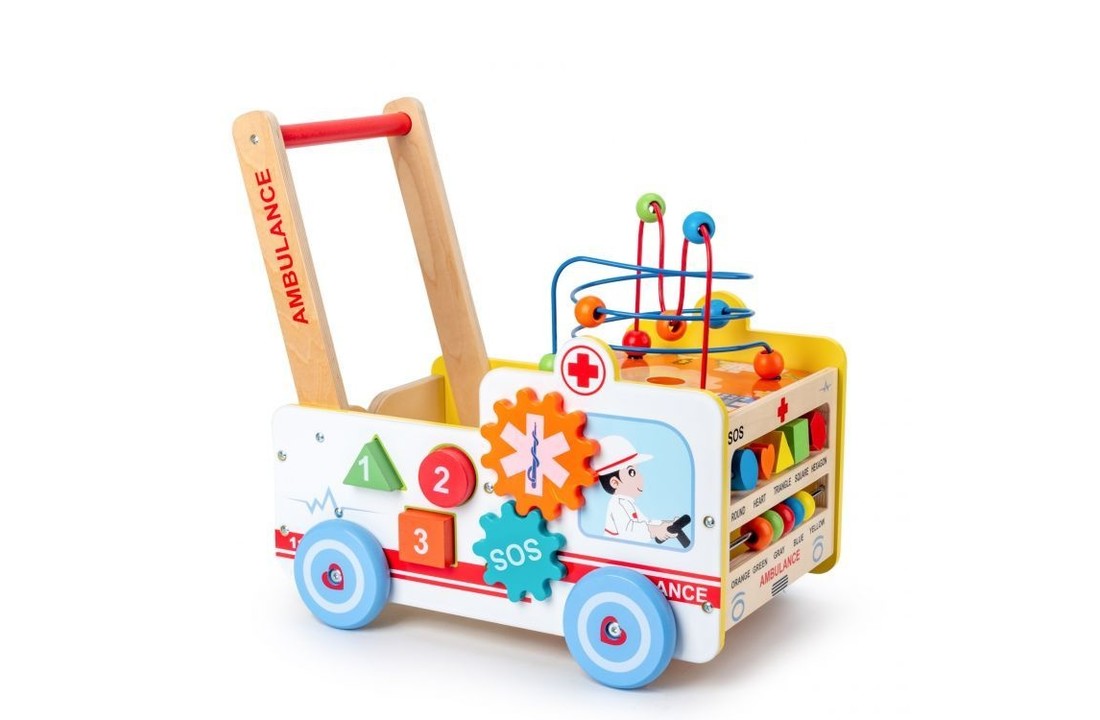 Houten ambulance loopwagen met speelpuzzel