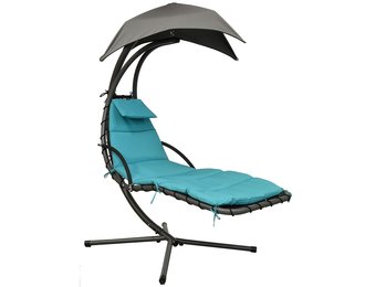 Ligbed tuinstoel met zonnevizier - 190x205x105 cm - turkoois & grijs