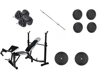 Fitness halterbank combinatie set - 60 kg schijven - 165 cm brede halterstang + 2 dumbbells