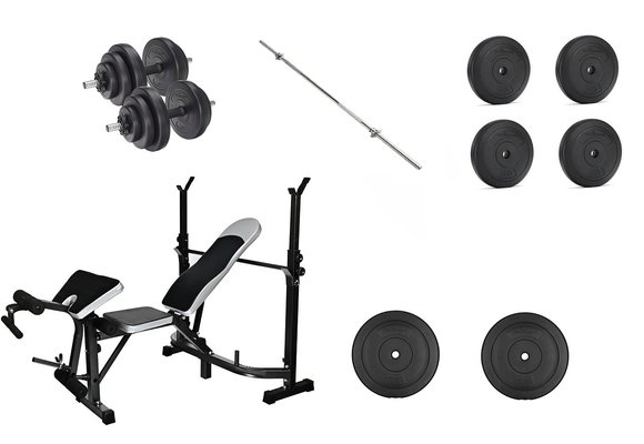 Fitness halterbank combinatie set - 60 kg schijven - 165 cm brede halterstang + 2 dumbbells
