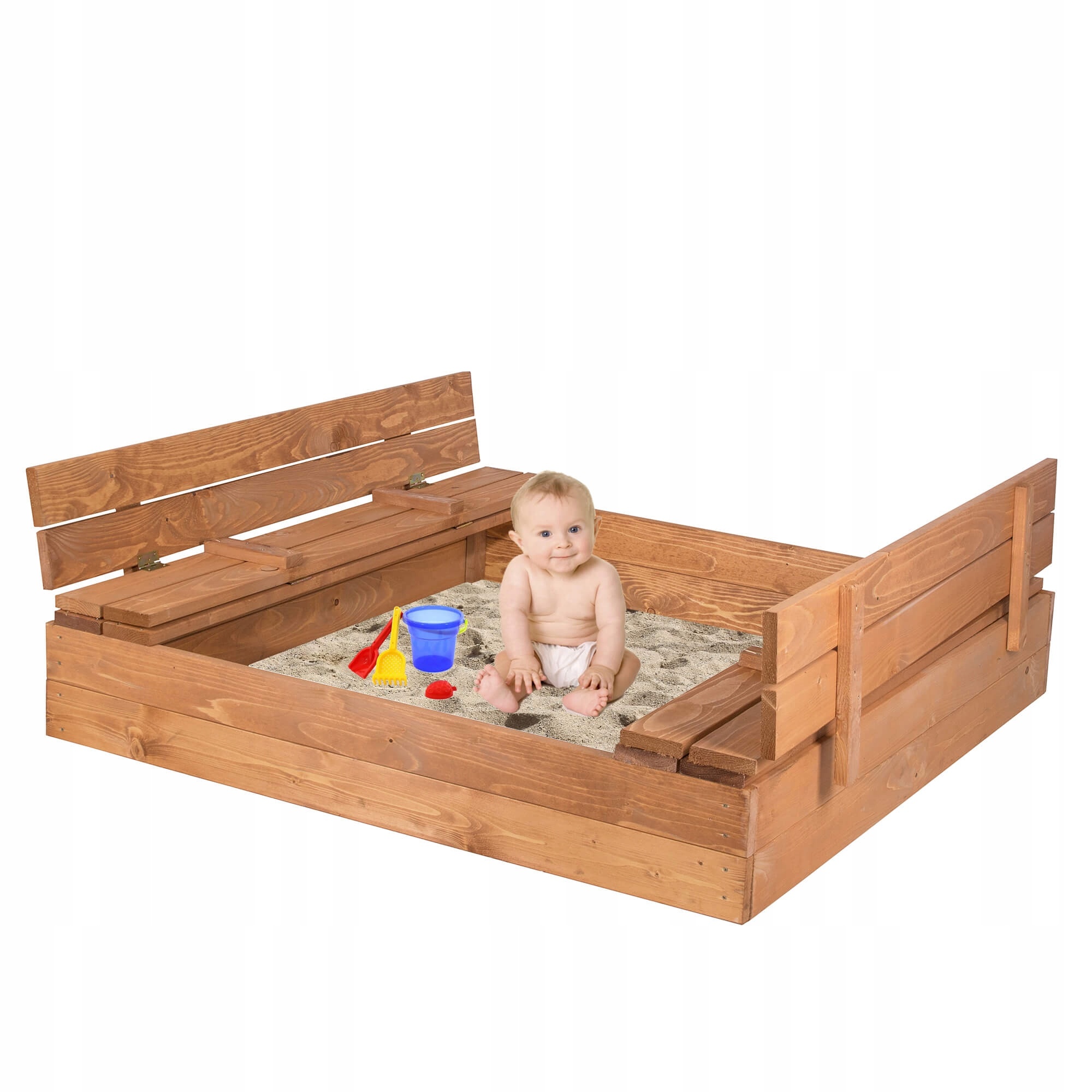 Zandbak met opvouwbare deksel & zitje - donker - 120 x 120 cm