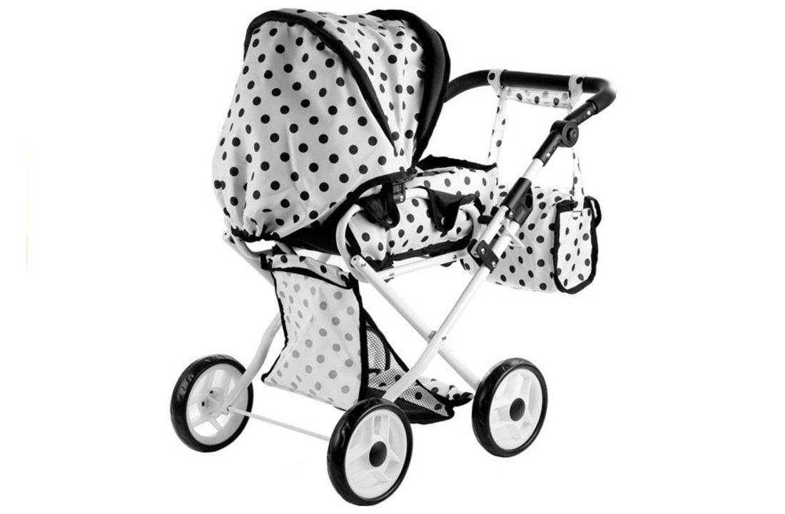 Poppenwagen wit zwart gestipt - 67 x 36 x 67 cm - met draagtas