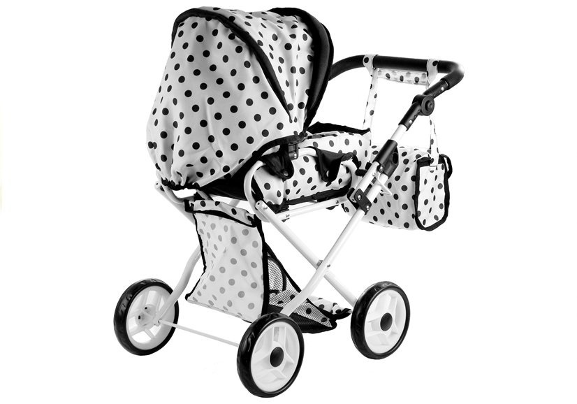Poppenwagen wit zwart gestipt - 67 x 36 x 67 cm - met draagtas