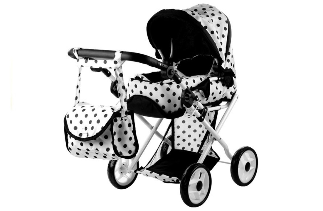 Poppenwagen wit zwart gestipt - 67 x 36 x 67 cm - met draagtas