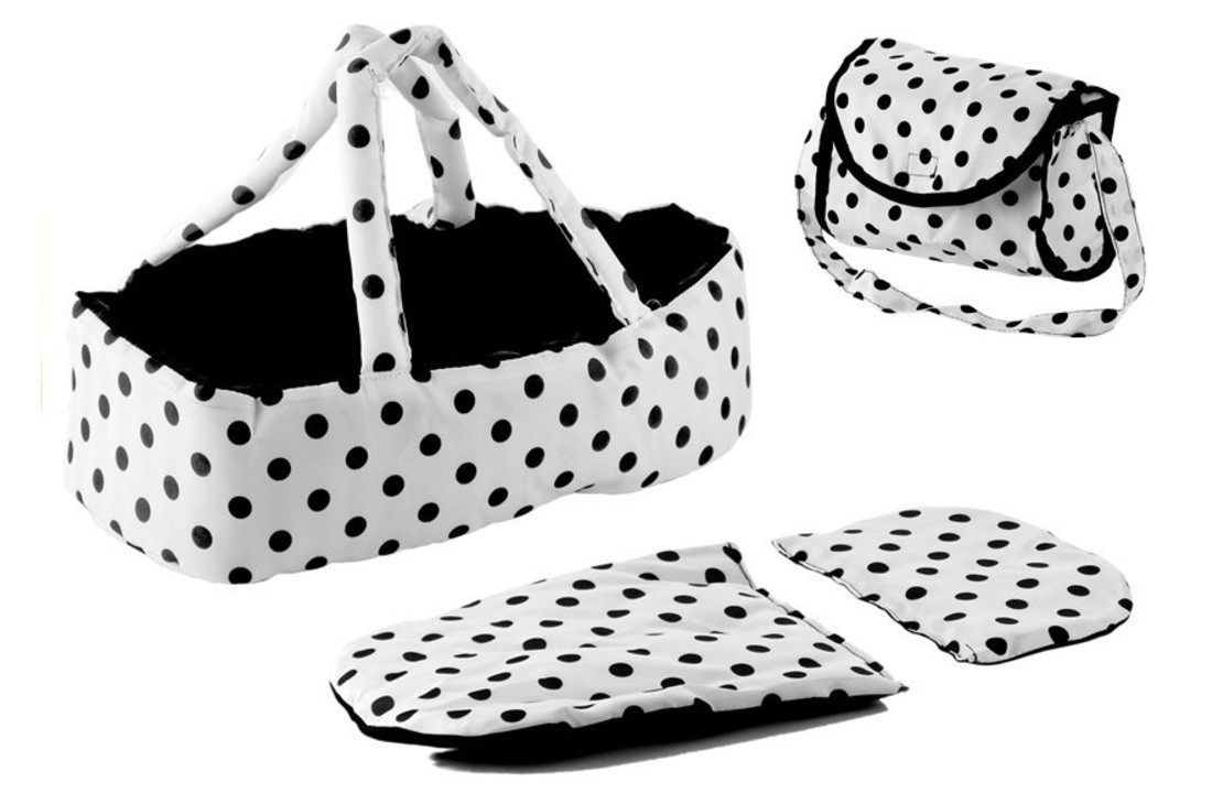 Poppenwagen wit zwart gestipt - 67 x 36 x 67 cm - met draagtas