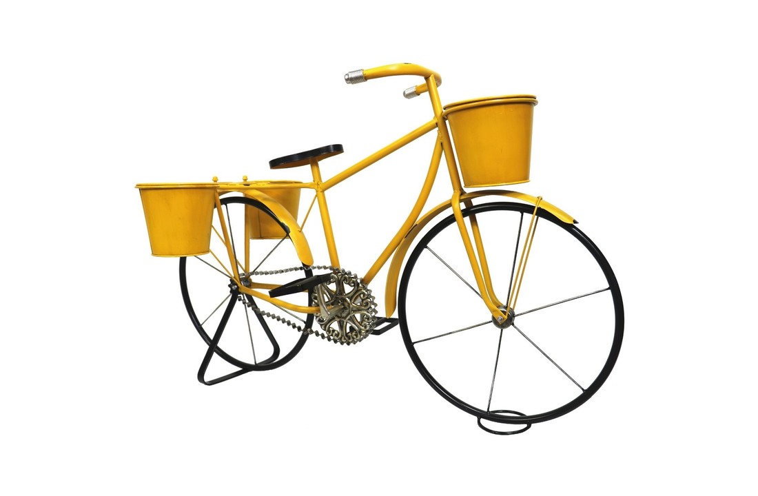 Bloemenstandaard gele fiets - 3 bloempotten