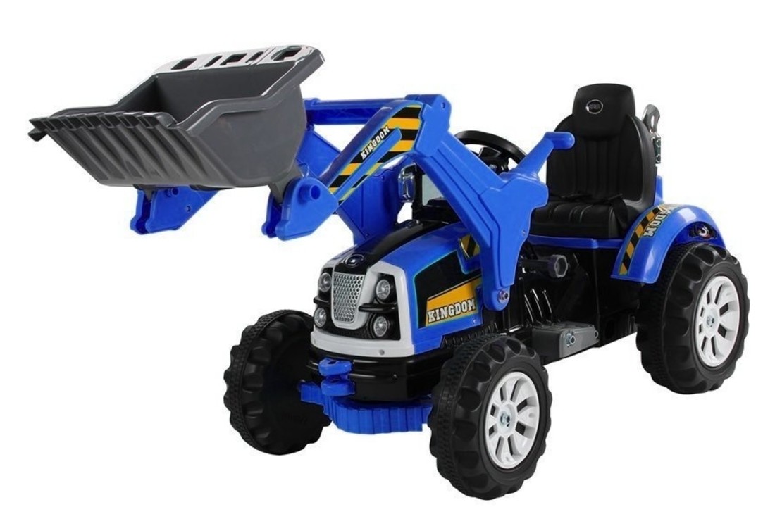 Elektrisch bestuurbare tractor met beweegbare schep arm - blauw