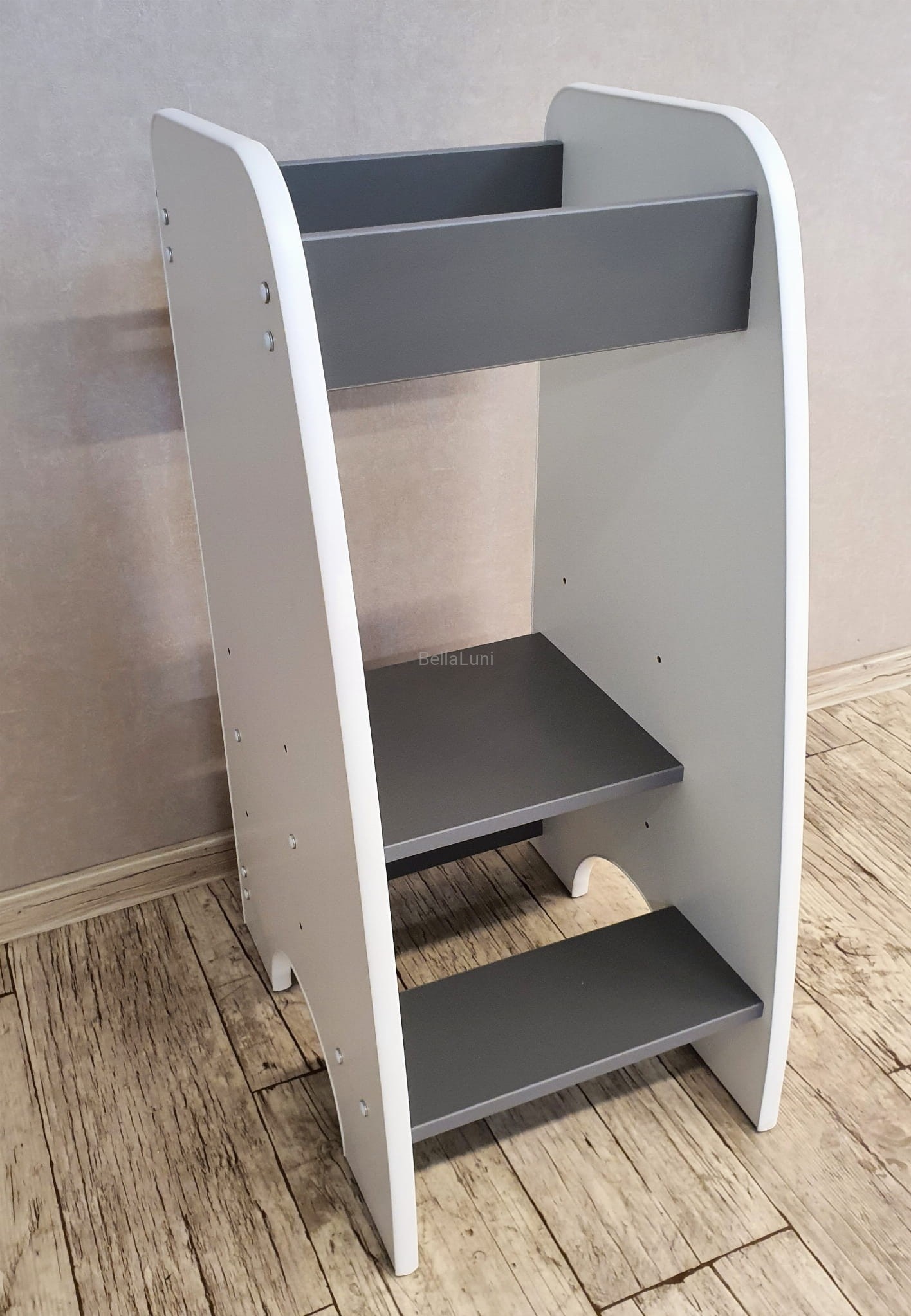 Leertoren - Keukenhulp - 90x40x50 cm - kindertrapje - wit met grijs