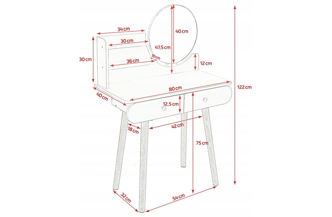 Houten kaptafel wit met spiegel en lades - 122x80x40 cm